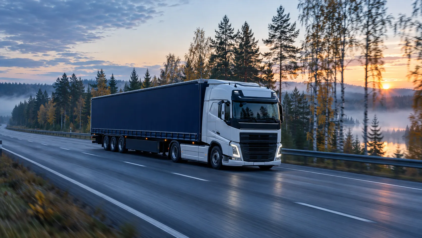 Truck driving on a European motorway at sunrise