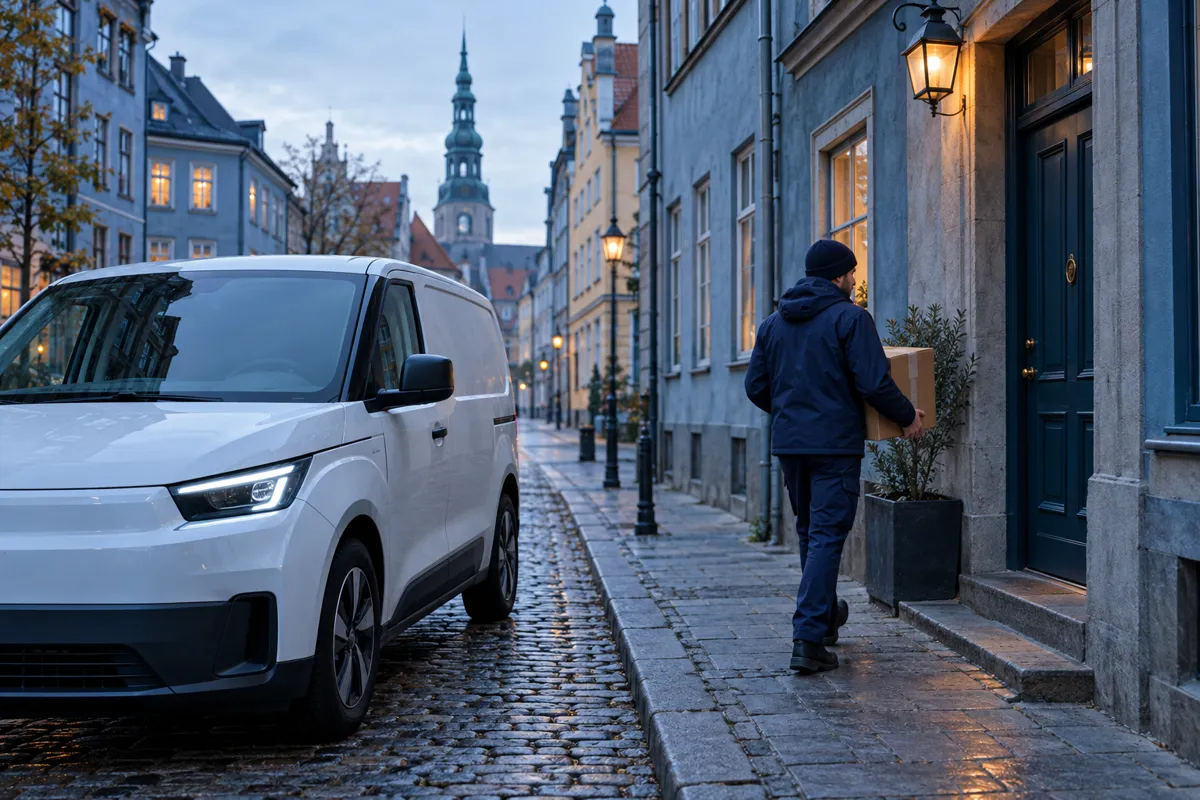 Courier delivering a parcel from a white van in a European old town